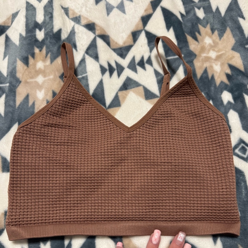 Bozzolo Mocha Brown Waffle Knit Bralette V-Neck Cropped Cami Seamless Comfort